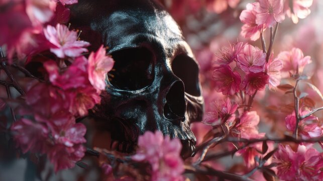 Black human skull surrounded by blooming pink cherry blossom flowers. Metaphor of life and death, transience and vanity. Artistic memento mori concept with spring floral nature.