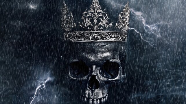 Human skull wearing an ornate metallic crown in heavy rain. Dark stormy background with lightning strike. Gothic symbol of death and power. Concept of mortality and vanity in fantasy art.
