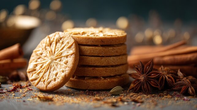Stack of patterned butter cookies with star anise and cinnamon sticks. Homemade spice biscuits for bakery concept. Gourmet pastry food photography with warm lighting for holiday table.