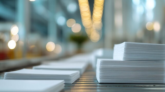 Stacks of white paper running on a conveyor belt in a printing factory. Industrial production line for sheet manufacturing and publication. Stationery supply and commercial logistics.