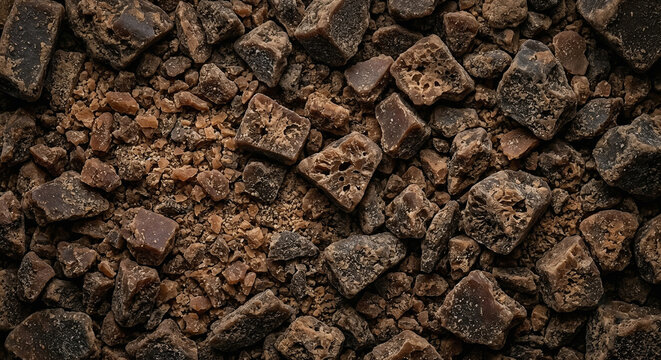 Full Frame Surface of Crushed Raw Unrefined Dark Jaggery Chunks