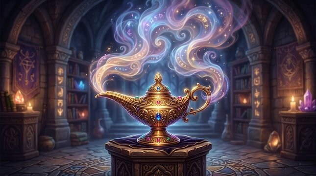 Golden magic lamp with glowing smoke in ancient library