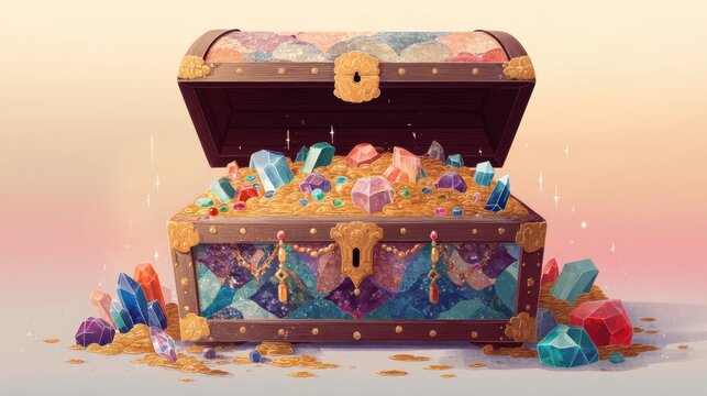 Open treasure chest filled with gold coins and colorful gemstones. Magical antique box with wealth and riches. Pirate adventure concept. Fantasy illustration of luxury loot.