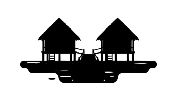 hut, huts, thatched, wooden, jetty, pier, river, riverside, stilt, bamboo, tropical, village, travel, tourism, Cambodia, Kampot, architecture, shelter, rustic, waterfront, landscape, nature, illustrat
