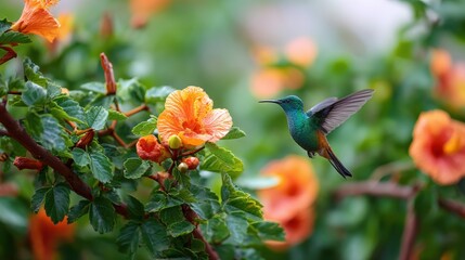 Fototapeta premium Hummingbird hovering near bright orange hibiscus flower. Small tropical bird flying in garden on sunny day. Wildlife nature photography showcasing pollination and wild bird habitat.