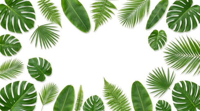 Tropical jungle leaves border composition featuring assorted exotic green foliage arranged in a decorative frame isolated on a clean white background