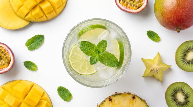 Refreshing lime cocktail surrounded by fresh tropical fruit slices and mint leaves on a clean white background for summer refreshment with starfruit kiwi pineapple