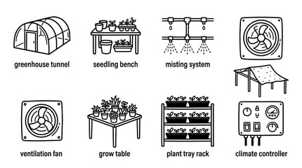 Gardening Equipment Icons: Greenhouse, Misting System, Grow Table, Climate Controller, Fans © keenan