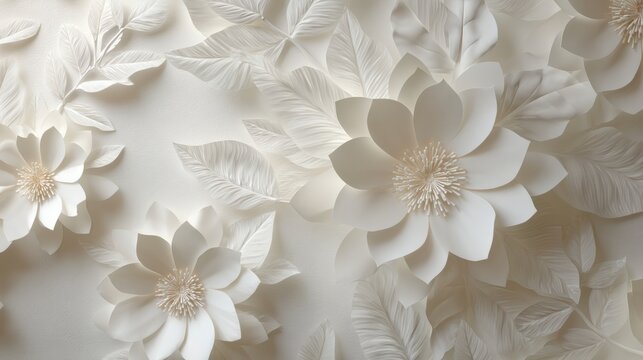 White paper flower pattern on background. Decorative floral craft made of folded cardstock petals with texture. Elegant botanical art arrangement for wedding decor and greeting card design.