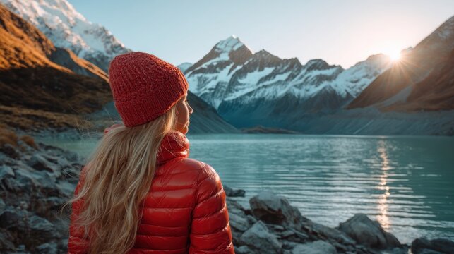 Woman wearing red winter jacket and hat enjoying view of snowy mountain and lake at sunset. Outdoor travel concept. Active lifestyle and hiking adventure in nature during autumn season.