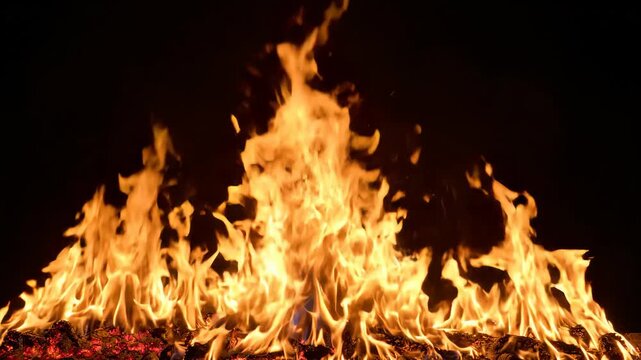 Intense Flames Burning Brightly in Dark Environment.