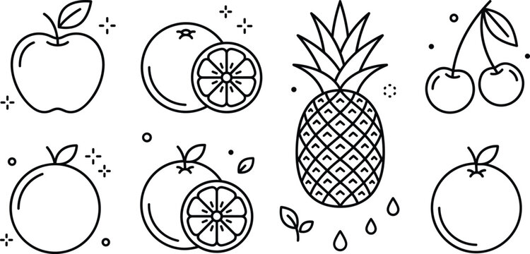 Fresh fruit line icon set featuring apple orange citrus slice pineapple cherry and organic tropical food vector elements