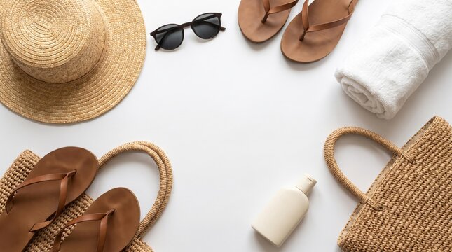 Summer vacation essentials flat lay with straw hat and woven bags on white background for travel planning and seasonal holiday concept with down arrangement summer