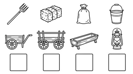Farm Icons: Pitchfork, Hay Bale, Sack, Bucket, Cart, Wagon, Trough, Lantern © keenan