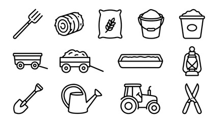 Farm Icons Set: Tractor, Pitchfork, Hay Bale, Shovel, Watering Can, Tools, Agriculture © keenan