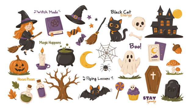 A cute Halloween set. A cheerful pumpkin, a funny cat, a ghost, a skull, a spiderweb, a cauldron, a cute witch, candy, and a bat. A set of stickers and design elements themed around October holidays