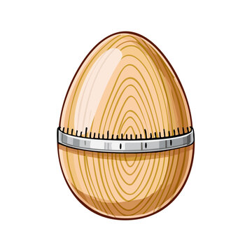 Retro egg timer with wood grain texture and metal band, isolated on white background