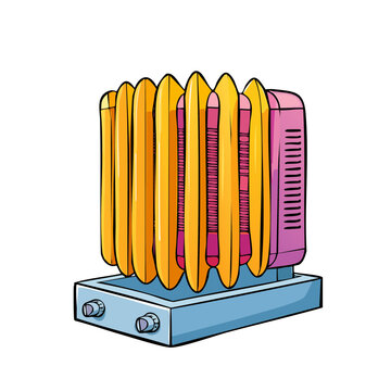 Cartoon illustration of a pink and blue oil filled radiator heater with golden fins on a white background