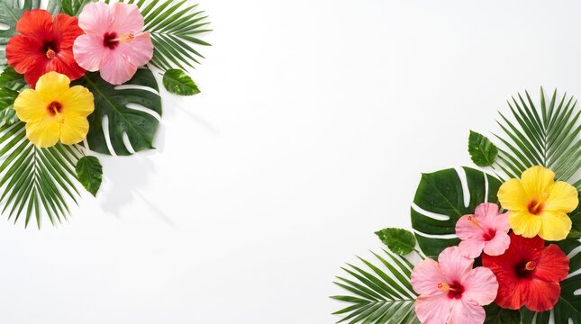 Vibrant tropical hibiscus flowers and lush green monstera palm leaves arranged as a decorative corner border frame on a clean minimalist white background