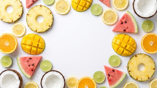 Fresh tropical fruit assortment frame on white background with vibrant slices of watermelon pineapple mango lemon lime coconut with citrus arranged clean white surface