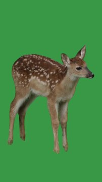 Cute spotted baby deer scratches its nose on a green screen background. Adorable fawn isolated for chroma key compositing, wildlife videos, educational content, and nature projects. 15243  