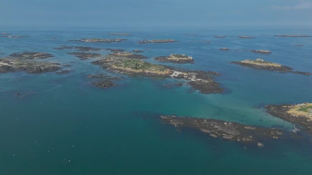 Aerial view of the wild Chausey archipelago and its rocks, Normandy, France