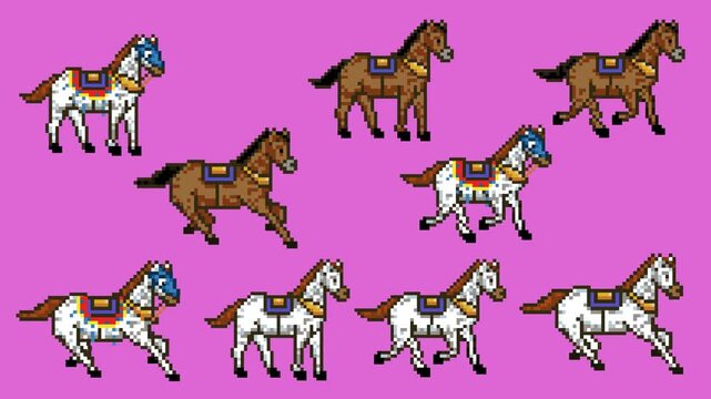 Pixel art animation of different horses in various poses on a red background, animal, art, vintage, game.