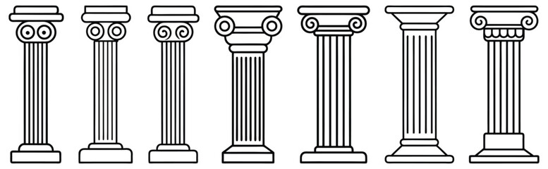Line Greek pillars and Roman columns, ancient architecture and antique buildings, vector icons. Greece or Rome architecture column pillars of marble stone in line art with pilasters and ornate cornice © Umar
