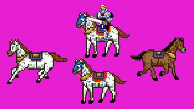 Pixel art animation of four horses in various poses one with a mounted rider holding a sword on a red background, animal, art, vintage.