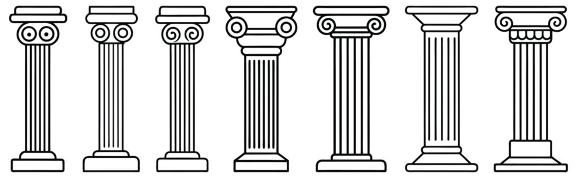 Line Greek pillars and Roman columns, ancient architecture and antique buildings, vector icons. Greece or Rome architecture column pillars of marble stone in line art with pilasters and ornate cornice