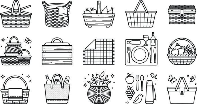 Picnic basket and outdoor dining icon set with wicker hampers food containers blanket and summer barbecue outing elements