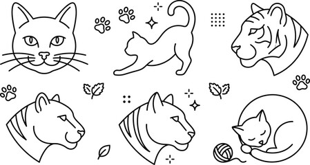 Feline animal vector icon set featuring domestic cat heads stretching kittens wild tiger profiles and playful paw prints. © MdMursalin