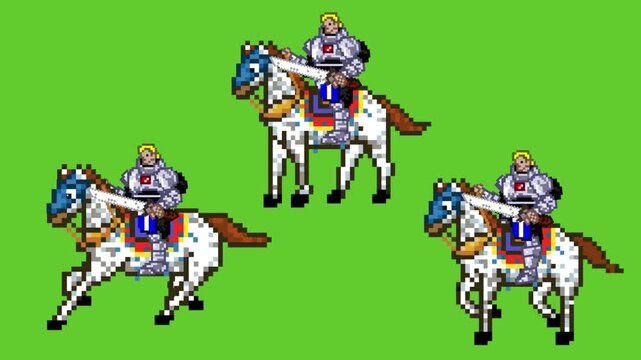 Pixel art animation of three horses with a sword wielding rider mounted on them on a green background, animal, art, vintage.