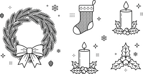Christmas holiday line icon set with winter wreath stocking candle holly berry pinecone and snowflakes © MdMursalin