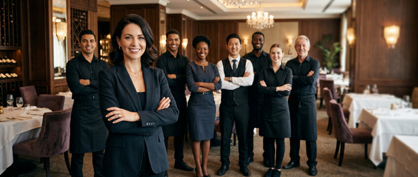 Diverse restaurant staff standing in upscale dining restaurant with confident female manager waiters bartenders hosts, luxury hospitality environment, professional service team portrait, fine dining
