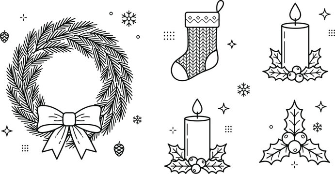 Christmas holiday line icon set with winter wreath stocking candle holly berry pinecone and snowflakes