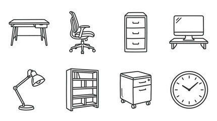 Office Furniture Collection: Desk, Chair, Cabinet, Monitor, Lamp, Bookshelf, Clock © keenan