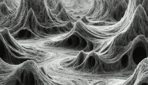 Abstract textured terrain with organic formations and interconnected cavities