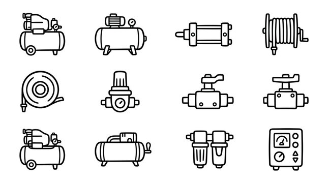 Pneumatic System Icons: Air Compressor, Hose, Valves, Filter, Regulator