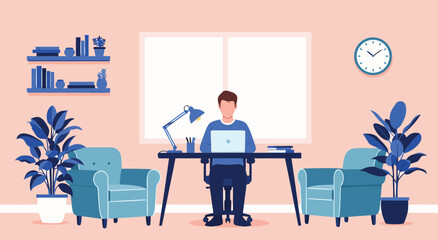 Professional Remote Work Vector Illustration Design Featuring a Person Working from Home in a Modern Office Environment b © Purnomo Semlirick