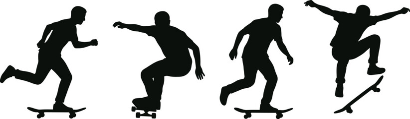 Skateboarding silhouette sequence showing push, balance, crouch, and jump trick with dynamic motion © MSTESMOTARA