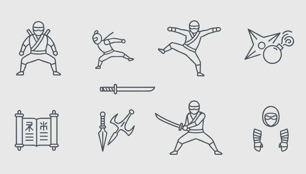 Thin line icon set representing ninja warriors in combat poses along with traditional martial arts weapons and scrolls.