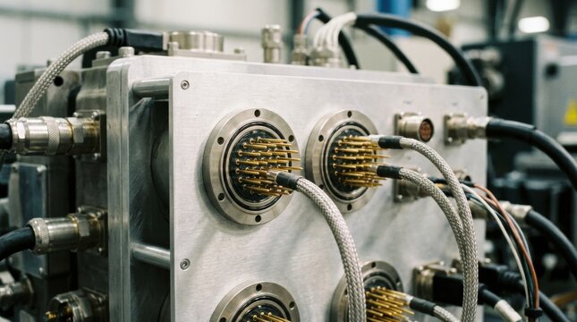 Medium closeup of multipin hermetic glasstometal feedthrough connectors highlighting intricate sealing and electrical isolation for complex power feedthrough systems.