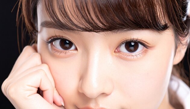 小顔卵型・大きな目・艶髪・片手顎添えポーズ・黒背景・美容広告 / Japanese Teenage Beauty Close-Up &mdash; Oval Face, Large Gentle Eyes, Glossy Sleek Hair, One Hand Under Chin, Black Background, Beauty Ad