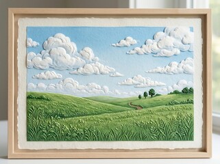 Fototapeta premium Embossed paper art of a green landscape with clouds