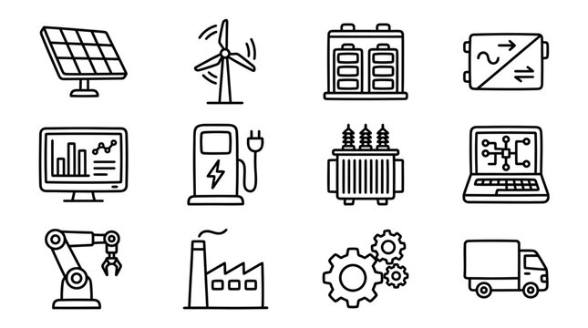 Renewable Energy and Industry Icons: Solar, Wind, Battery, EV Charger, Transformer, Robot, Factory
