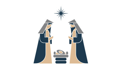 Fototapeta premium Stylized nativity scene featuring Mary and Joseph standing by a crib under a bright shining star rendered in minimal geometric shapes.