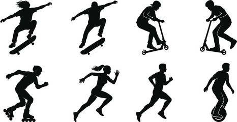 Silhouettes of people skateboarding, scootering, rollerblading, running, and riding self‑balancing unicycle © MSTESMOTARA