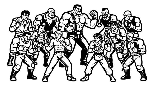 Group of diverse cartoon fighters in fighting stances.