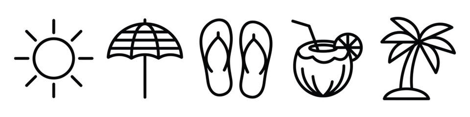Summer vacation icons set with thin line style depicting sun umbrella flip flops coconut drink and palm tree isolated on transparent background for beach holiday themes. © MTRASHIDA